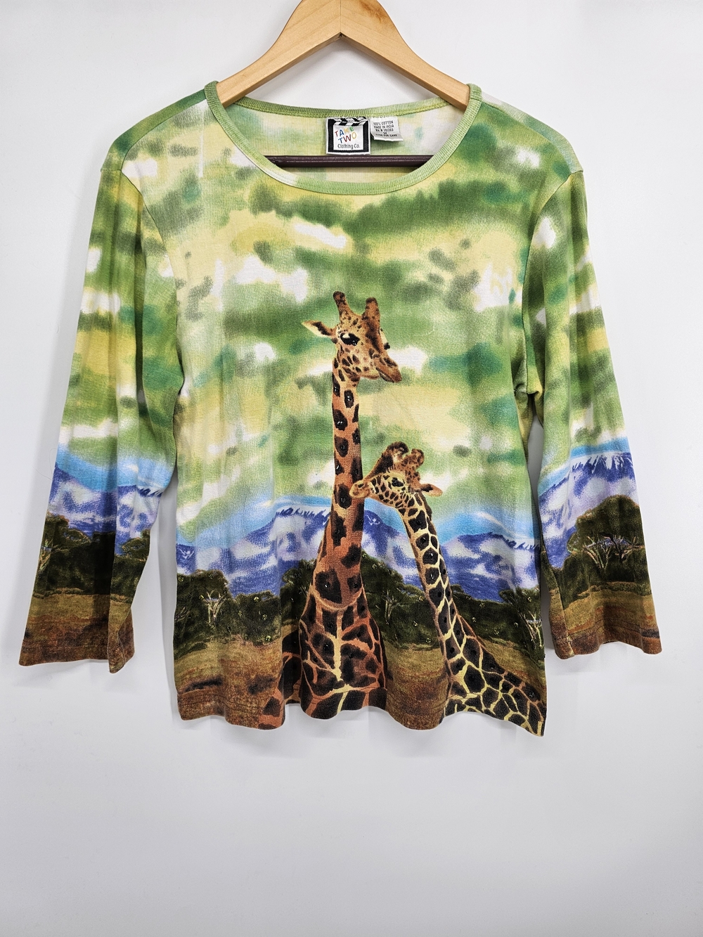 Vintage Y2K Take Two Giraffe Safari Rhinestone Top M 3/4 Sleeve 100% Cotton